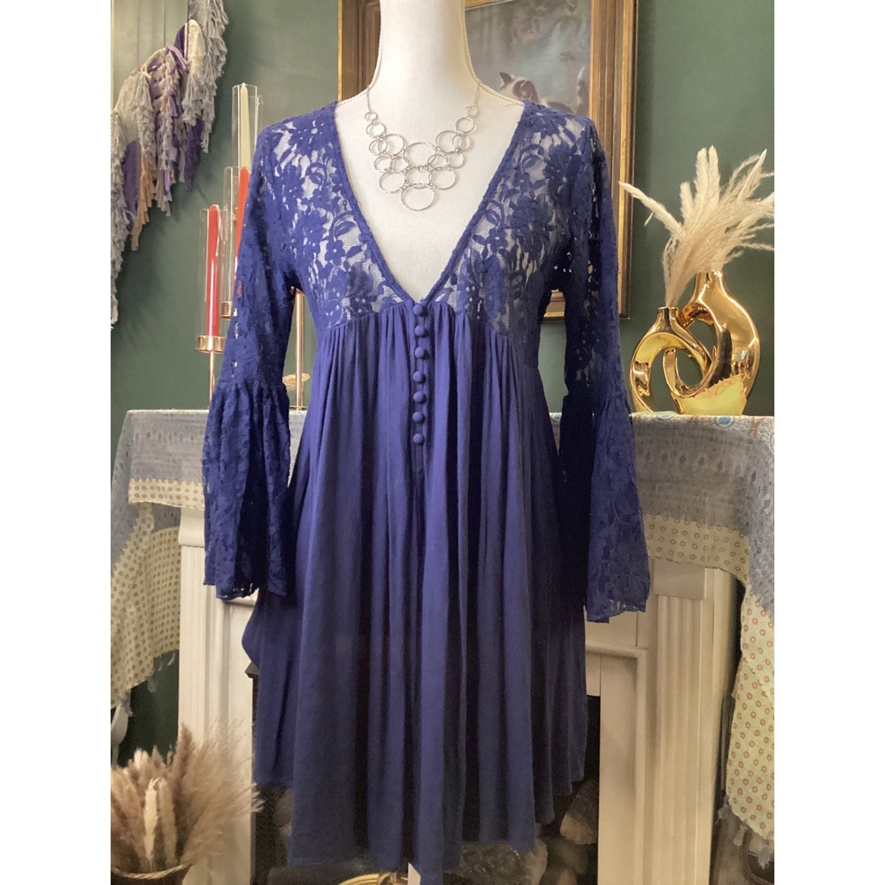 Umgee Navy Blue Lace Bell Sleeve Babydoll Mini Dress V-Neck Boho A2099 Womens M